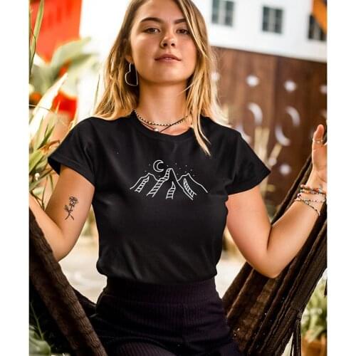 Moon Stars Mountains Nature T-shirt Cute Women Hiking Trail Tshirt Harajuku Summer Graphic Travel Adventure Tee Shirt Top Femme