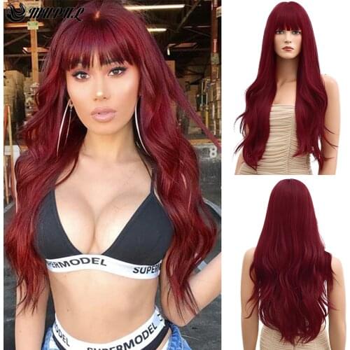 Dark Red Colored Wave Natural Long Daily Synthetic Wig With Bangs For White Women Hair Heat Resistant Cosplay Wavy Party Wigs