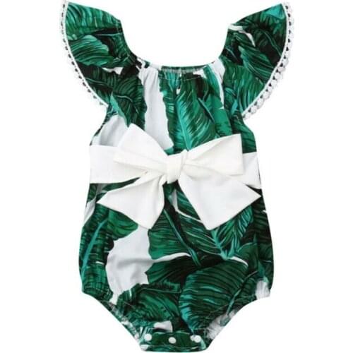 Big Green Leave Print Bow Tie up Lovely Girl Bodysuit Newborn Infant Baby Girl Cotton Bow Playsuit Romper Clothes Outfit Sunsuit
