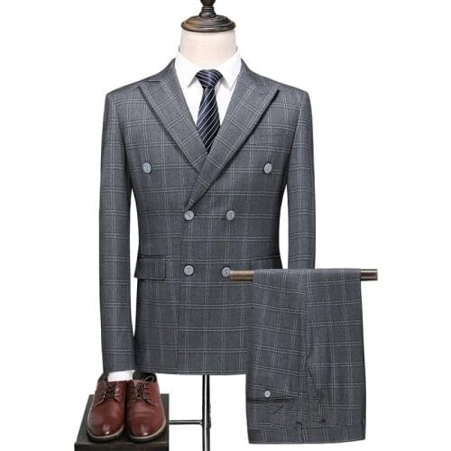 Suit + vest + pants)New high quality mens checked double breasted suit 3 pieces/Mens stylish business casual suit/mens tuxedo