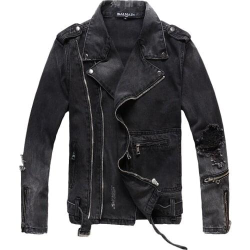 Fashion Trend Mens Black Denim Jacket Casual Slim Hip-hop Punk Style Motorcycle Suit Zipper Multi-pocket Denim Jacket Coat XL