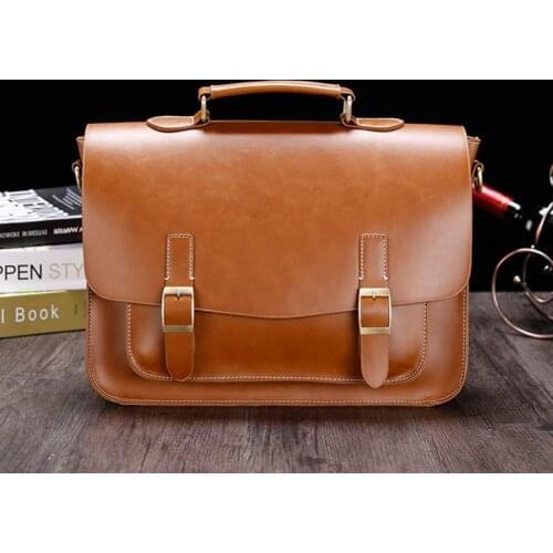 Men Vintage Business Crazy Horse PU Leather Briefcase Handbag Male Retro High Quality Laptop Shoulder Messenger Leather Bag 2021