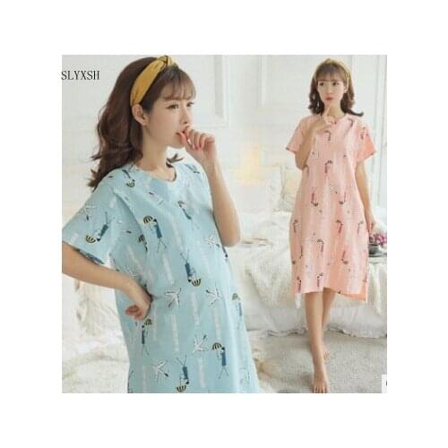 Cartoon Printed Cotton Maternity Nursing Nightdress Summer Nightgown Sleepwear for Pregnant Women Pregnancy Nightwear