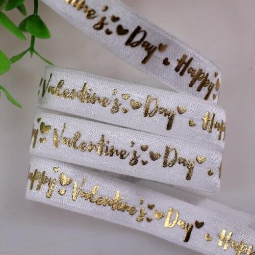 New design 5/8" gold foil printed fold over elastic for happy valentines day 100yards/lot