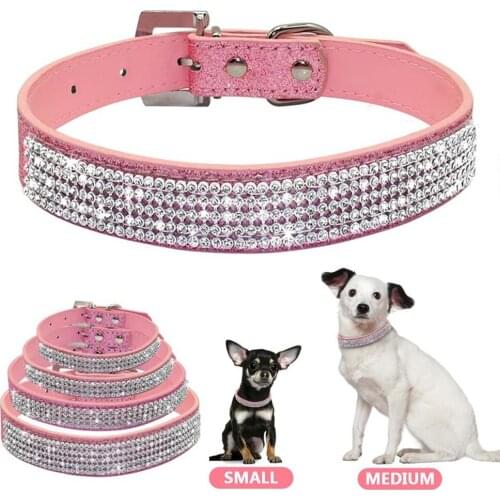 Pet Dog Collars Bling Rhinestone Adjustable Soft Leather Crystal Diamond Dog Necklace Lead Collar for Small Large Dogs Supplies