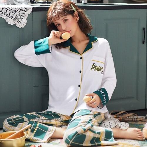 2021 New Spring Print Womens Home Wear Long Sleeve Pocket Sweet Pajamas Sets Female Sleepwear Autumn Casual Ladies Home Clothes