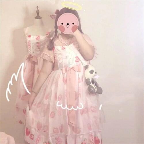 Strawberry Pattern Pink Plus Size Jsk Lolita Dress Buxom/fat/chubby Sweet Girl Lovely Anime Short Sleeve Dress Lolita Xl 2xl 3xl