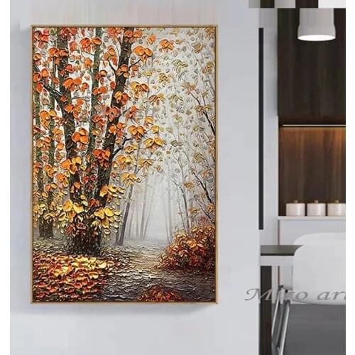 Latest Cheap Landscape Knife Thick Oil Painting Wall Canvas Birch Tree Art Picture Modern Canvas Artwork For Living Room Decor