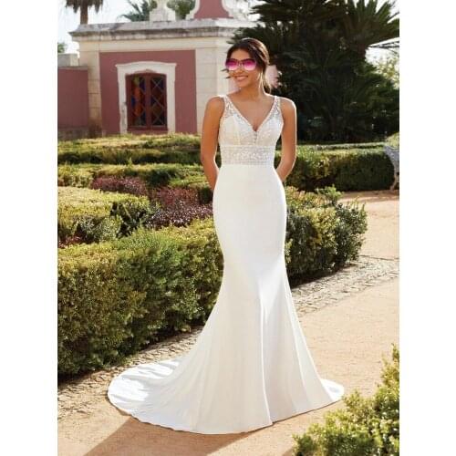 Gorgeous Mermaid Lace Wedding Dresses Double V Neck 2020 Bridal Dress Satin For Women Vestido De Noiva