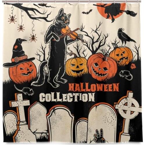 Halloween Pumkin Cat Mildew Resistant Waterproof Polyester Fabric Bathroom Curtain