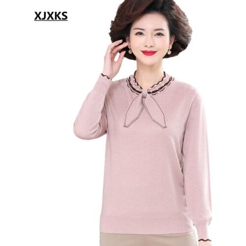 XJXKS Fashion Bowknot Women Knitted Sweater 2021 Spring Autumn New Loose Plus Size Women Wool Sweater Pullover