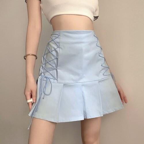Side Lace High Waist Pleated Skirt Short Skirt New College Style Hot Girl Was Thin Solid Color Skirt Female Pleated Skirt