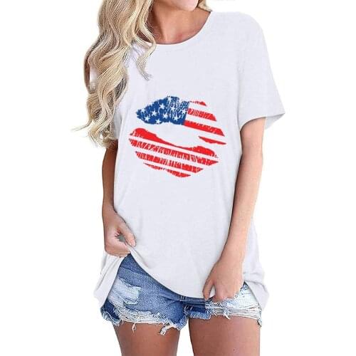 White Shirts For Female Blusas Mujer De Moda 2021 Womens Casual Loose Independence Day Print Round Neck Short Sleeve Top Shirt