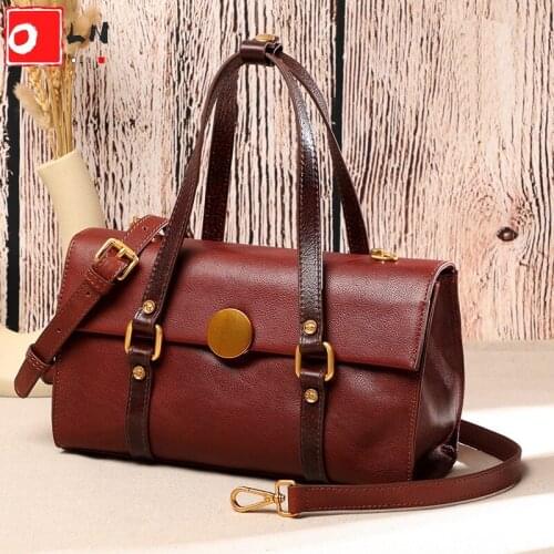 OLN Designer Vintage Women Lock Satchel Bag Luxury Vegetable Tanned Leather Retro Shoulder Bags Ladies Large Capacity Handbag
