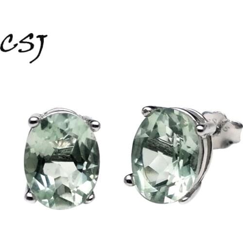CSJ 925 Sterling Silver Fine Jewelry Real Natural Green Amethyst simple good Earring Women Lady Wedding Engagment Party Gift