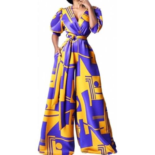 Jumpsuit African Clothes Women Lantern Sleeve V Neck With Sashes Summer Fashion Dashiki Print Wide Leg Pant African Party Outfit