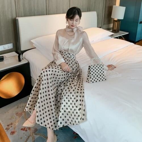 2 Piece Set 2021 Spring Women Suit Full Sleeve Bow Collar Organza Patchwork Shirt Top and Dot A Line Skirt Two Piece Set Vestido