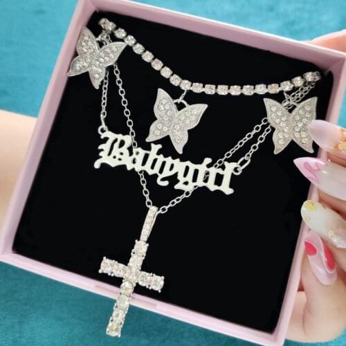 Flatfoosie Trendy Butterfly Crystal Chain Necklace Choker for Women Multilayer Babygirl Letter Cross Pendant Necklaces Jewelry