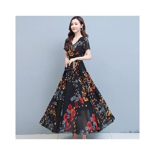 Women Dress Ropa De Mujer Summer Chiffon Floral Print Short Sleeve V-neck Long Vadim Vestido Sukienki 2453