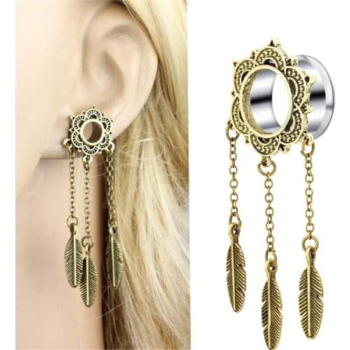 2PCS Stainless Steel Leaves Dangle Punk Ear Plugs Tunnels Flesh Stretched Expansions Earring Gauges Women Body Piercing Jewelry