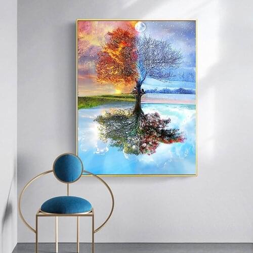 Abstract Nordic Wall Paintings Posters Wall Art Canvas Prints Magical Four Season Tree Picture for Living Room Home Decoration