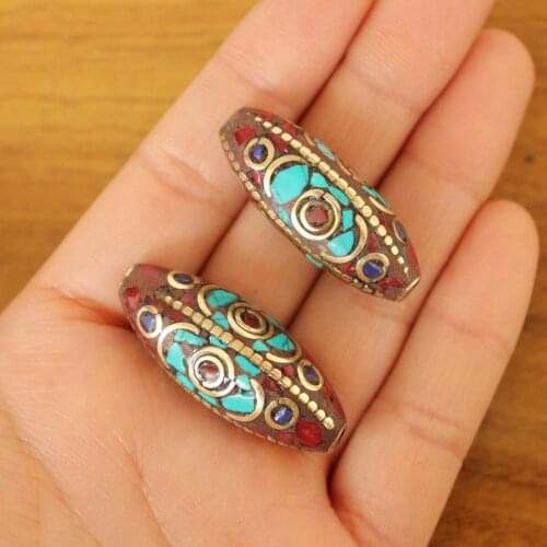 BD239 Handmade Nepal DIY Beads Brass Lapis Colorful Stone 34mm*14mm Accessories Beads For Jewelry Making 2 pieces Lots