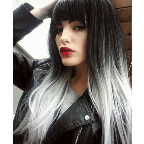 Long Straight Wig with Bangs Pink Hair Sythetic Grey Wigs For Women High Temperature Fiber Club Wig Cosplay