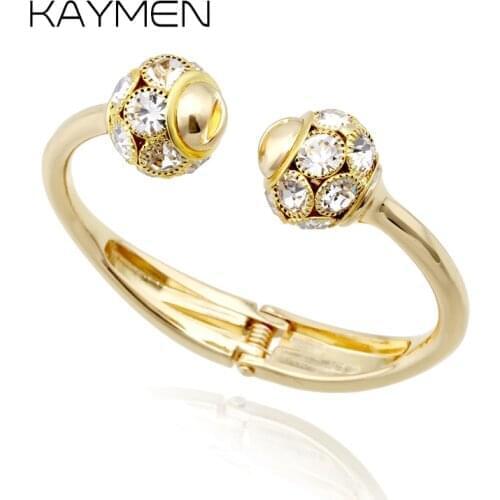 KAYMEN Double Rhinestones Balls Cuff Nail Bangle For Women Golden or Silver Plated Crystal Bangle Fashion Bracelet 2 Colors