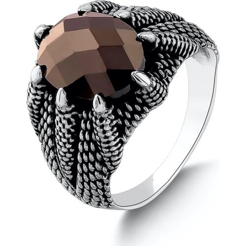 Silver Claw Model Oval Faceted Red Zircon Gemstone Ring Turkish Men Jewelry Solid 925 Sterling Silver