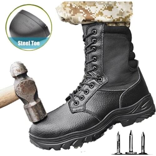 Mens Steel Toe Cap Work Safety Shoes Men Military Leather Boots Special Force Tactical Desert Combat Buffer Shock Hiking Boots