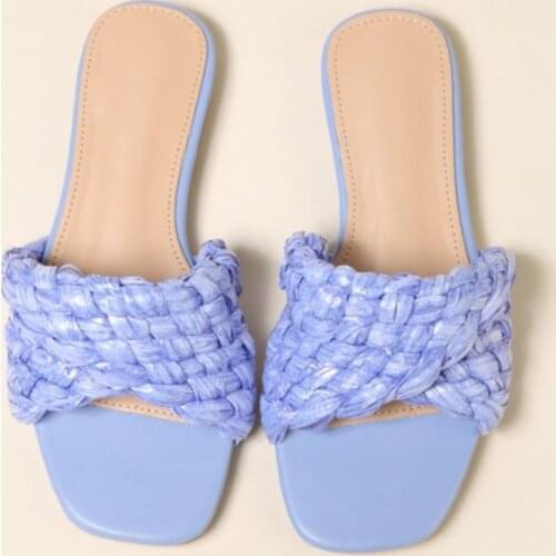 Brand Women Slippers Lafite Grass Braided Mules Square Toe Slides Ladies Weave Flat Beach Shoes Woman Summer Women Sandals