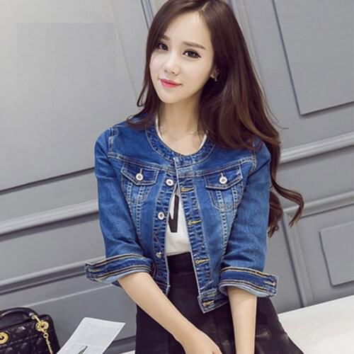 Autumn Short Denim Jacket Women Slim O neck 7 sleeves Jeans Jacket Vintage Coats Women Large size Bomber Jacket chaqueta mujer