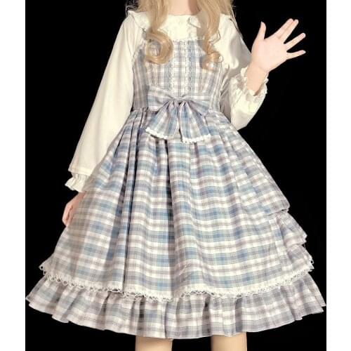 Japanese Kawaii Girls Lolita Dress Summer Plaid Lolita Princess Strap Dresses Vestidos Cute Bow Vintage Ruffle Sleeveless Dress