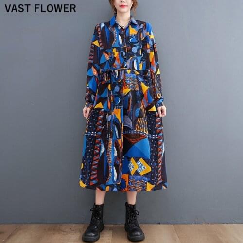 Fashion Print Pattern Vintage Dresses For Women New Long Sleeve Belt Loose Casual Shirt Dress Elegant Clothes Spring Autumn 2021
