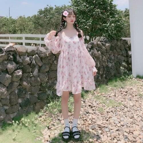 2019 Summer Floral Womens Long Sleeve Chiffon Dress Off Shoulder Loose Sweet Girl One Piece Color Light Pink