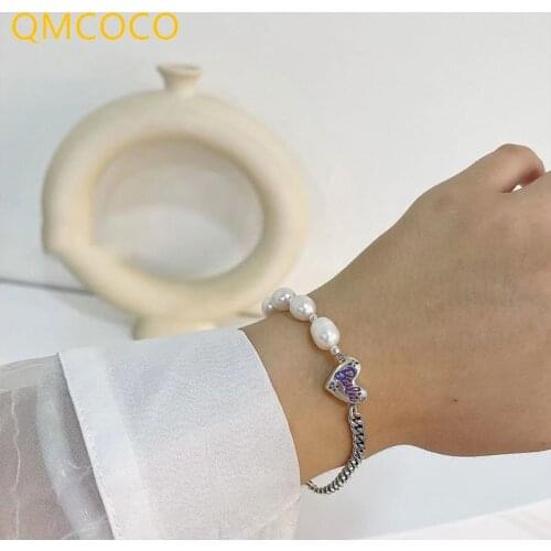 QMCOCO Korean Love Heart-Shaped Bracelet Summer INS Pearl Chain Bracelet Design 925 Silver Delicate Simple Woman Wedding Gifts