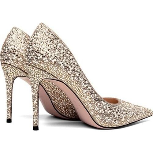 Luxury Full Rhinestone Pearl Beads Wedding Pumps Pointed Toe Evening Dress Heels Thin High Heels Women Slip On Shoes