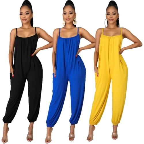 S-2XL Summer Casual Simple Solid Black Jumpsuits Women Sleeveless Sling Outfit Loose Romper Wholesale Dropshipping