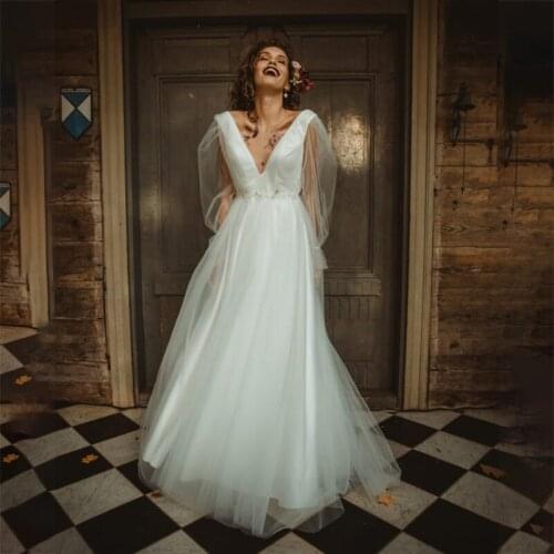 Hippie Wedding Dress High Split Deep V Neck Backless Long Puff Sleeves Tulle Beach Wedding Boho Bridal Gowns Vestido De Noiva