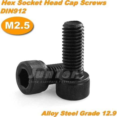 100pcs/lot M2.5(2.5mm) Black Alloy Steel Grade12.9 High Tensile Allen Bolts Hex Socket Head Cap Screws All Thread DIN912