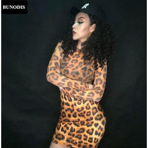 ZD228 Women Sexy Net Yarn Transparent Bodysuit+Spandex Short Skirt Leopard Print 3D Printed Nightclub Party Costumes