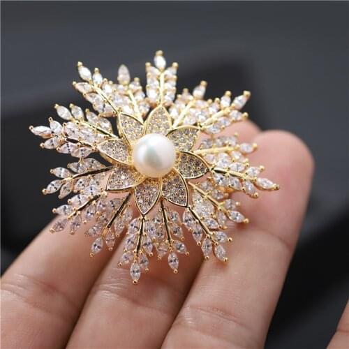 SHANICE Fashion Brooches For Women Clear CZ Rhinestone Large Round Pearl Pins and Brooches Sun Star Shape Bridal Party Jewelry
