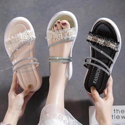 2021 Korean Womens Sandals Summer New Fashion Water Drill Sandals Womens Casual Thick Heel Flat Shoes Female Sandals