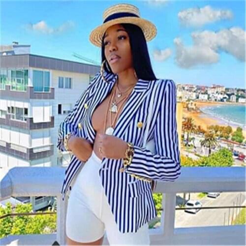 2020 Autumn New High Quality Long Sleeves Classic Stripe Fitted Suit Double Breasted Metal Lion Head Buckle Blazer