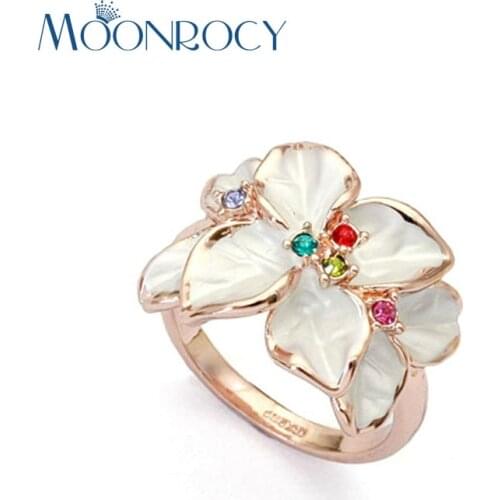 MOONROCY Cubic Zirconia Rose Gold Color CZ Austrian Crystal Rings White Flower Ring for Women Gift Drop Shipping Jewelry Gift