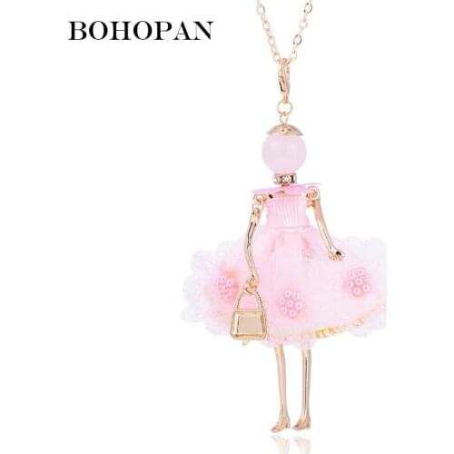 Fashion Jewelry Necklace Women Cute Pink Dress Doll Pendants Necklace Long Sweater Chain Handmade Girl Party collier femme 2018