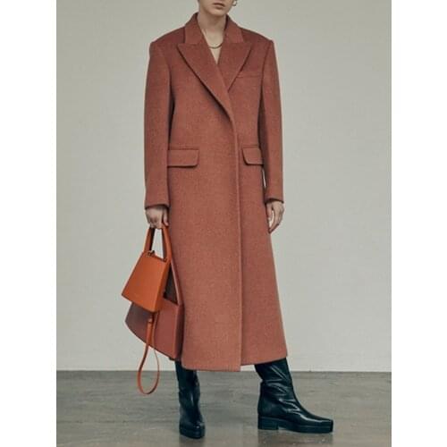 Women Woolen Mid-Length Coat Lady Turn-Down Collar Long Jacket Office Wear Female Outwear Top with Pockets 2021 New