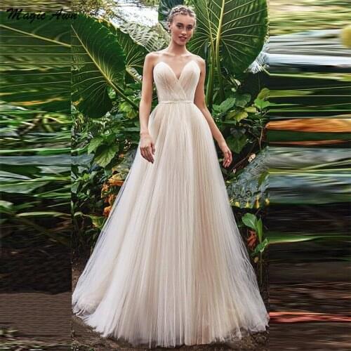 Magic Awn Bohemian Champagne Wedding Dresses Sweetheart Soft Tulle Beach A-Line Bridal Gowns Simple Pleats Vestidos De Fiesta