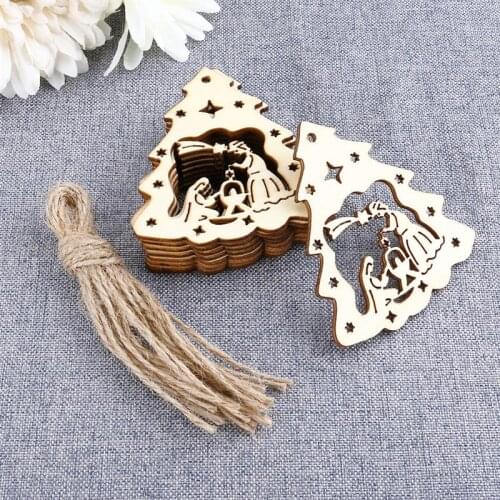 10pcs Wooden Christmas Jesus Pendant With Hemp Ropes Christmas Tree Hanging Embellishments For Party Home Decoration