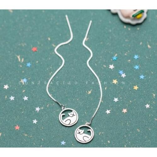 100% Real. 925 Sterling Silver Pull Through Fat Cat Circle Threader Earrings Long Charms C-E7348